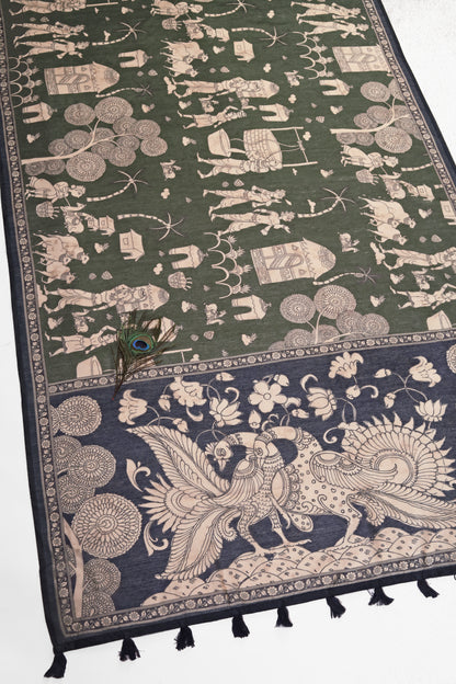 Mehendi & Navy Blue Two-Tone Saree