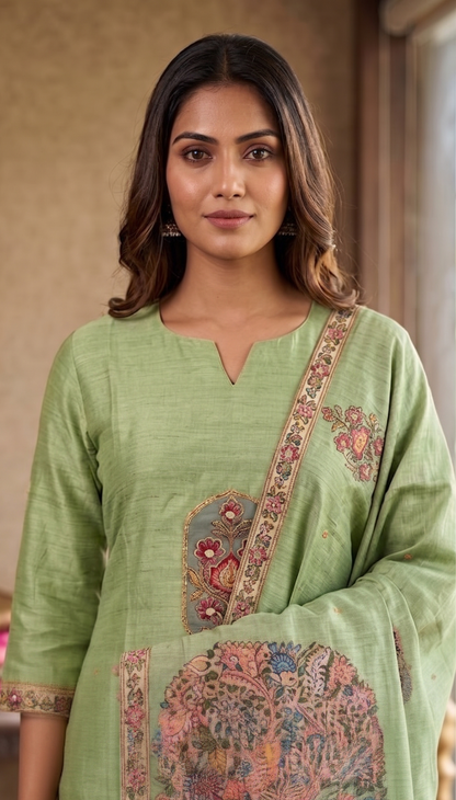 Sage Green Kalamkari Hand Embroidered Kurta Set with Dupatta