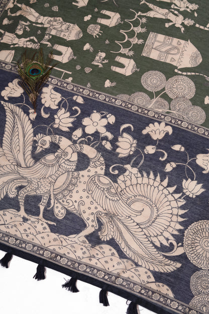 Mehendi & Navy Blue Two-Tone Saree