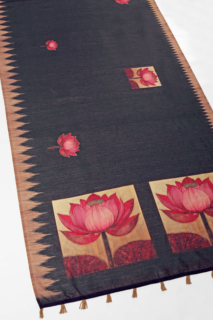 Black Lotus Print Handwork Chanderi Cotton Saree