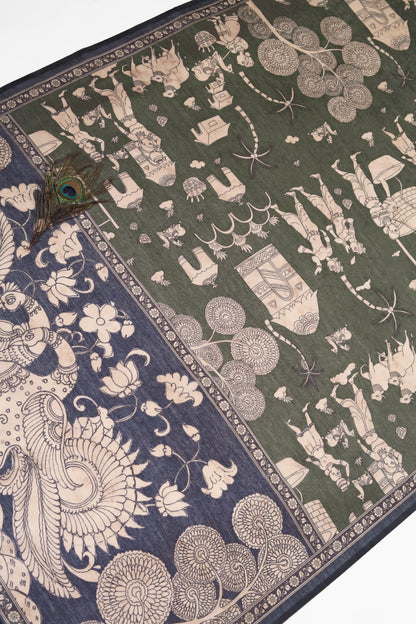 Mehendi & Navy Blue Two-Tone Saree