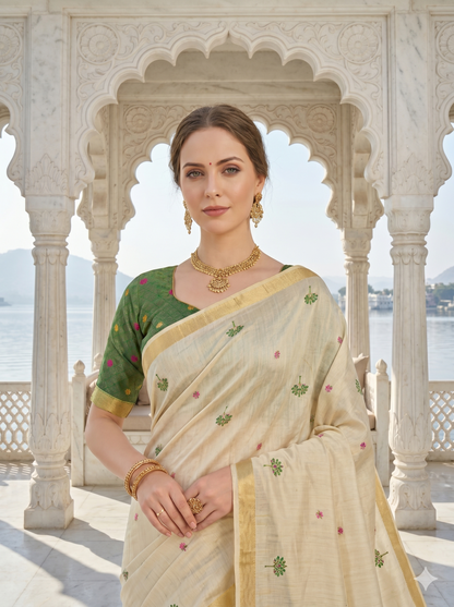 Cream Jamdani Saree with Floral Pallu