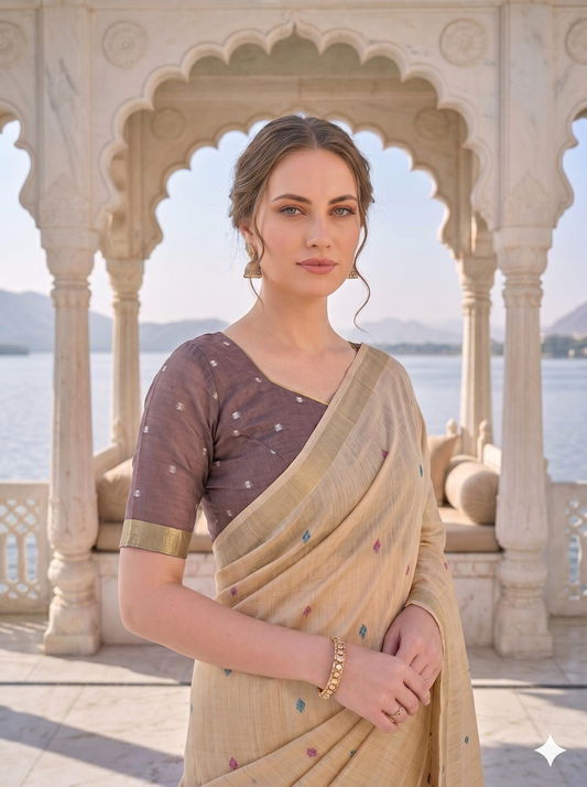 Beige Jamdani Saree with Elephant Motif Pallu