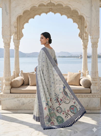 Light Grey Jamdani Saree with Peacock Pallu