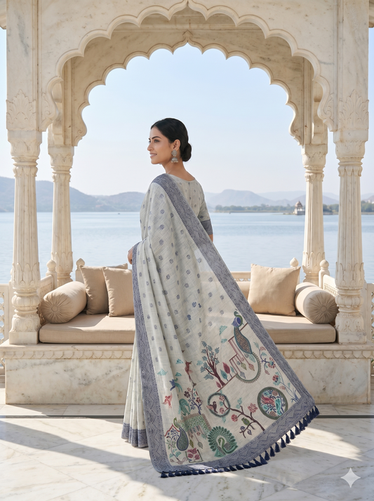 Light Grey Jamdani Saree with Peacock Pallu