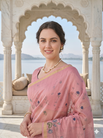 Pink Cotton Jamdani Saree with Pichwai Pallu