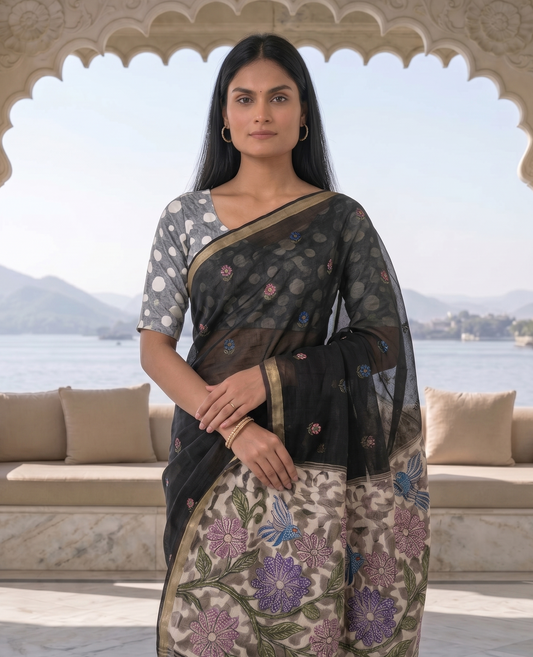 Black Cotton Jamdani Saree with Woven Floral Pallu