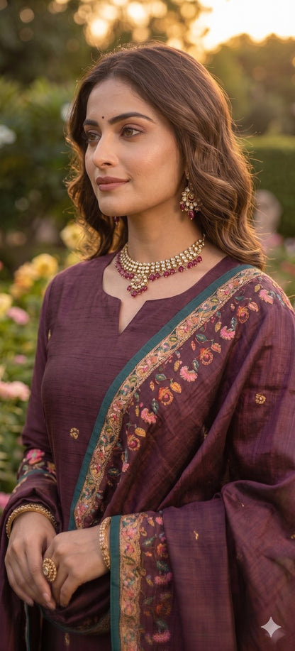 Maroon Kalamkari Hand Embroidered Kurta Set with Dupatta