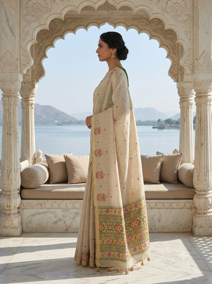 Cream Cotton Jamdani Saree with Floral Border