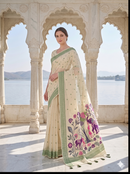 Cream Jamdani Saree with Elephant and Floral Pallu