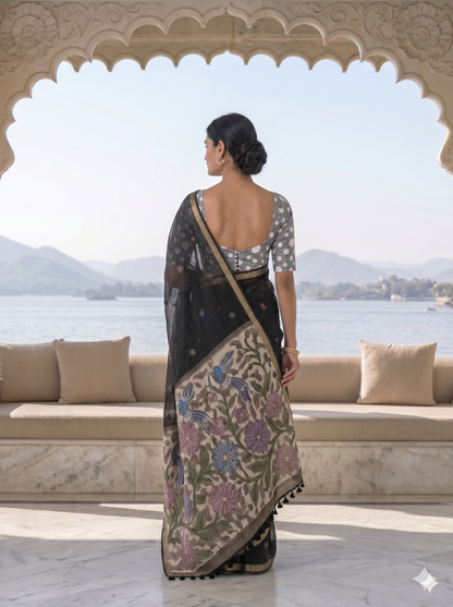 Black Cotton Jamdani Saree with Woven Floral Pallu