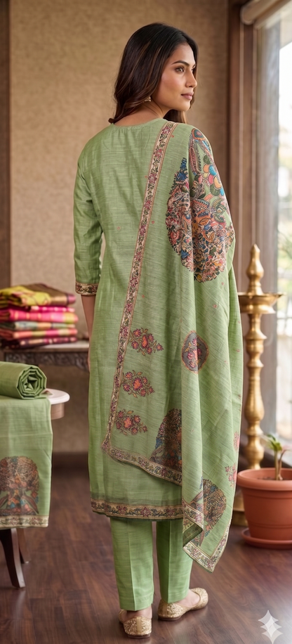 Sage Green Kalamkari Hand Embroidered Kurta Set with Dupatta