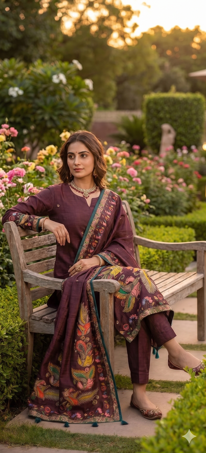 Maroon Kalamkari Hand Embroidered Kurta Set with Dupatta