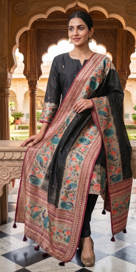 Black Ethnic Peacock Print Kurti Set