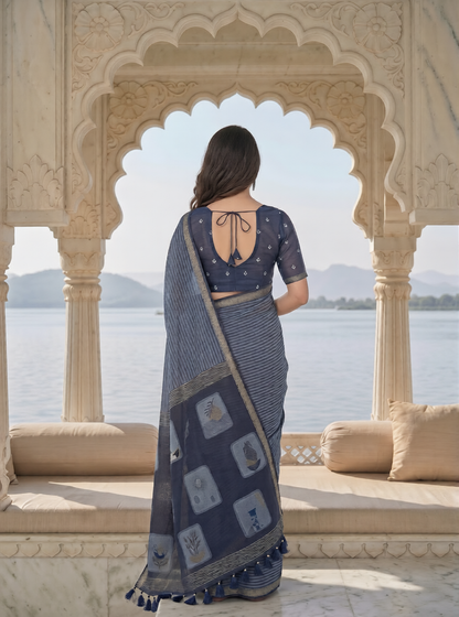 Indigo Jamdani Saree with Designer Pallu