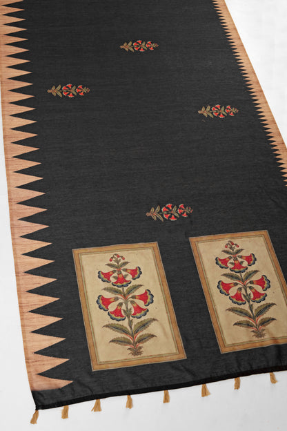 Black Mughal Floral Print Handwork Chanderi Cotton Saree
