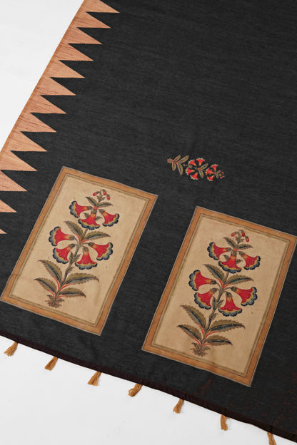 Black Mughal Floral Print Handwork Chanderi Cotton Saree