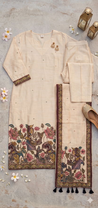 Off-White Kalamkari Hand Embroidered Kurta Set with Dupatta