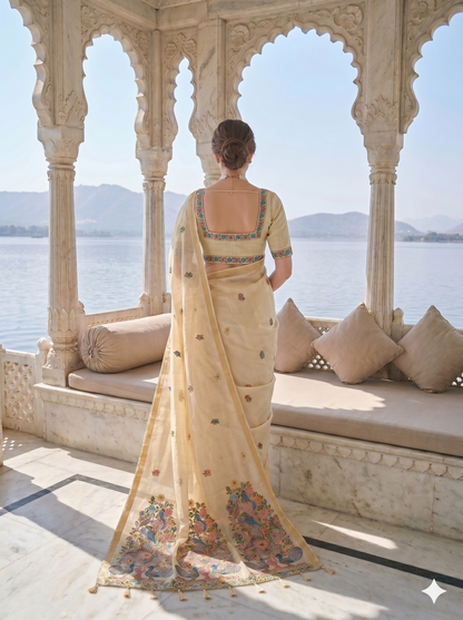 Cream Floral Jamdani Saree with Designer Pallu