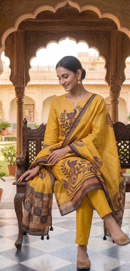 Mustard Yellow Kalamkari Peacock Suit Set
