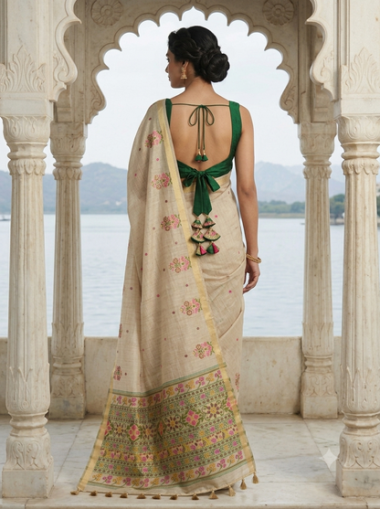 Cream Cotton Jamdani Saree with Floral Border