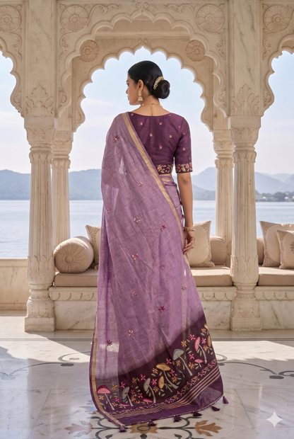 Purple Jamdani Saree with Floral Pallu