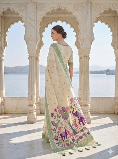 Cream Jamdani Saree with Elephant and Floral Pallu