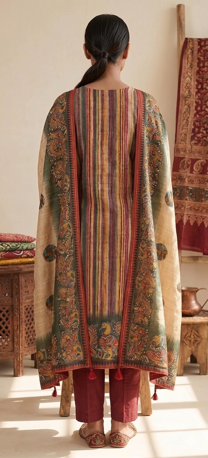 Red Kalamkari Chanderi Hand Embroidered Kurta Set with Dupatta