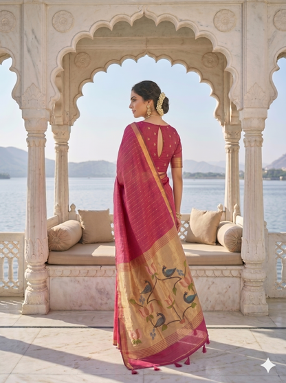 Rani Pink Jamdani Saree with Bird Motif Pallu