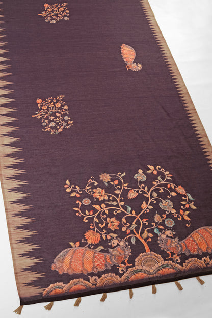 Brown Kalamkari Tree Print Handwork Chanderi Cotton Saree