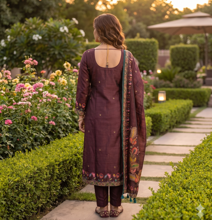 Maroon Kalamkari Hand Embroidered Kurta Set with Dupatta