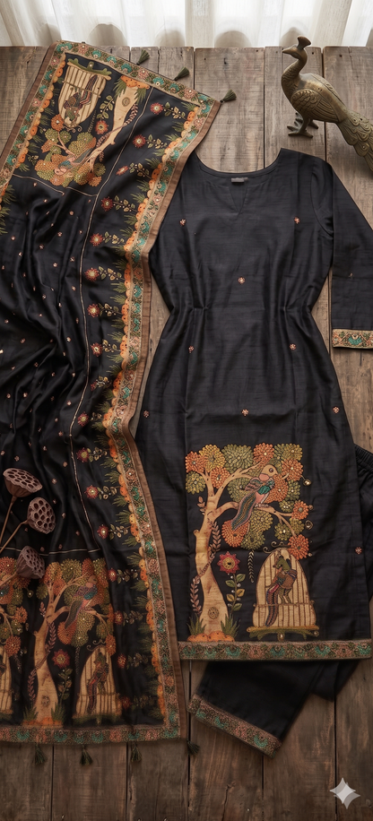 Black Madhubani Hand Embroidered Kurta Set with Dupatta