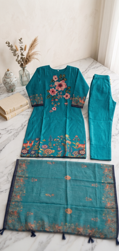 Teal Blue Floral Print Suit Set