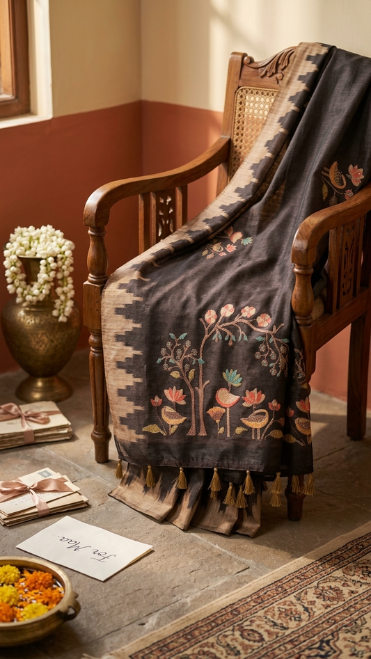 Brown Bird & Tree Print Handwork Chanderi Cotton Saree