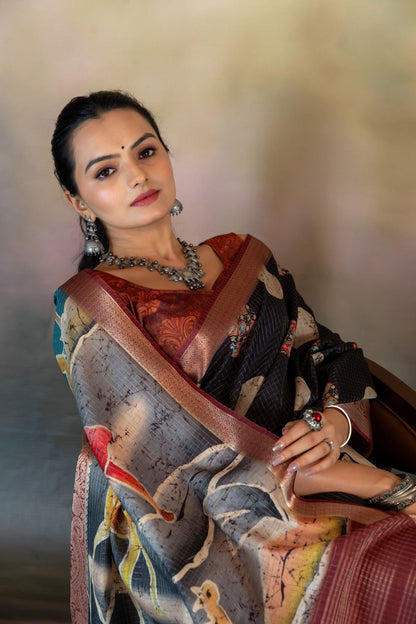 Ajrakh with Batik Print JacquardChecks Saree - Yuvani