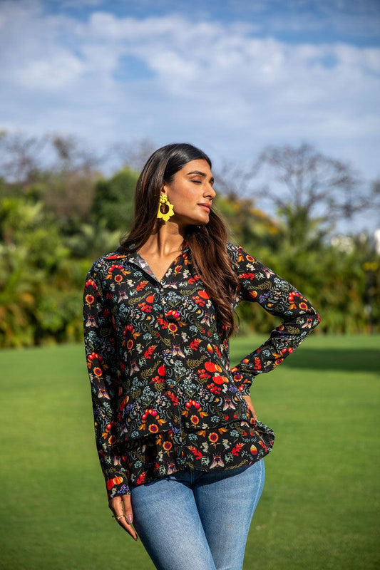 Artistic Angle Dress Black Printed Shirt - Yuvani