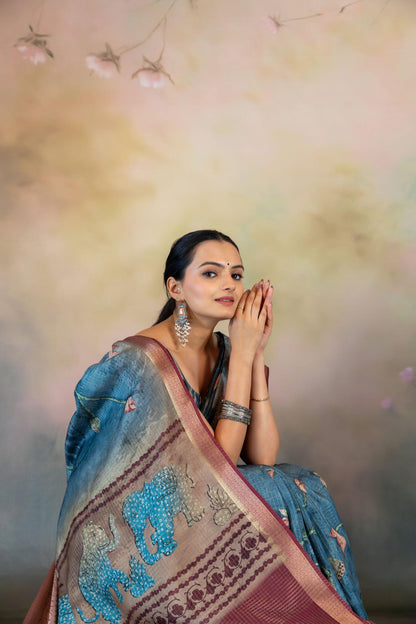 Blue Hand Kalamkari Print JacquardChecks Saree - Yuvani