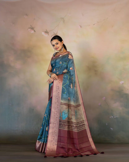 Blue Hand Kalamkari Print JacquardChecks Saree - Yuvani