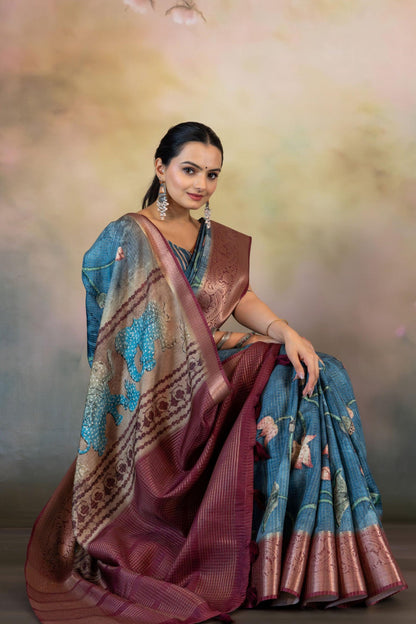 Blue Hand Kalamkari Print JacquardChecks Saree - Yuvani