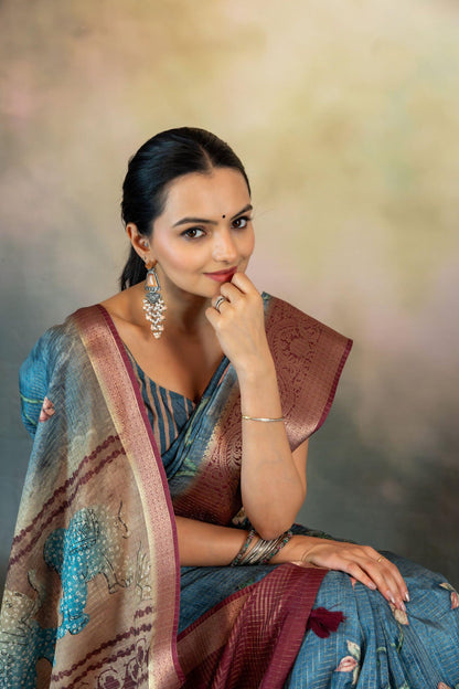 Blue Hand Kalamkari Print JacquardChecks Saree - Yuvani