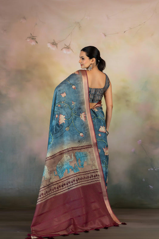 Blue Hand Kalamkari Print JacquardChecks Saree - Yuvani