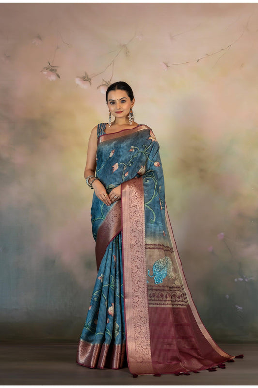 Blue Hand Kalamkari Print JacquardChecks Saree - Yuvani