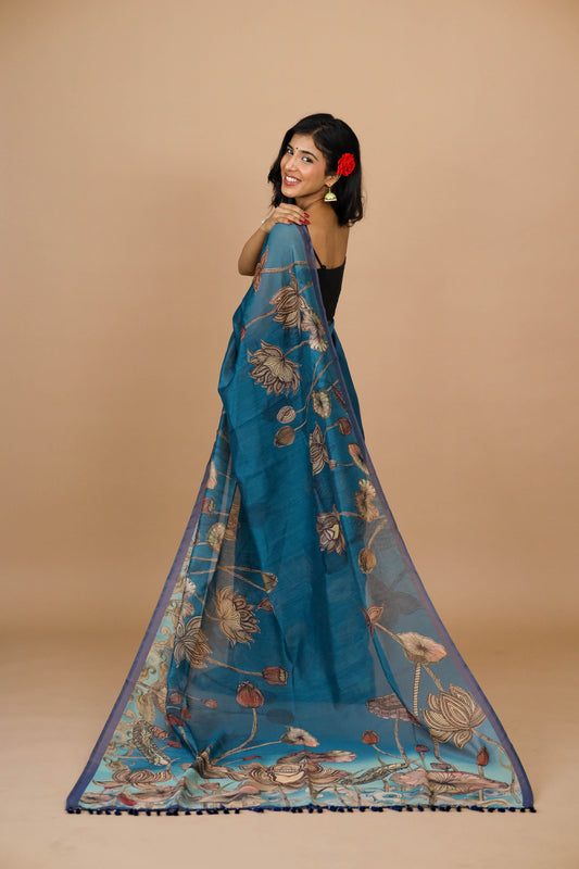 Blue Lotus Pichwai Print Saree - Yuvani
