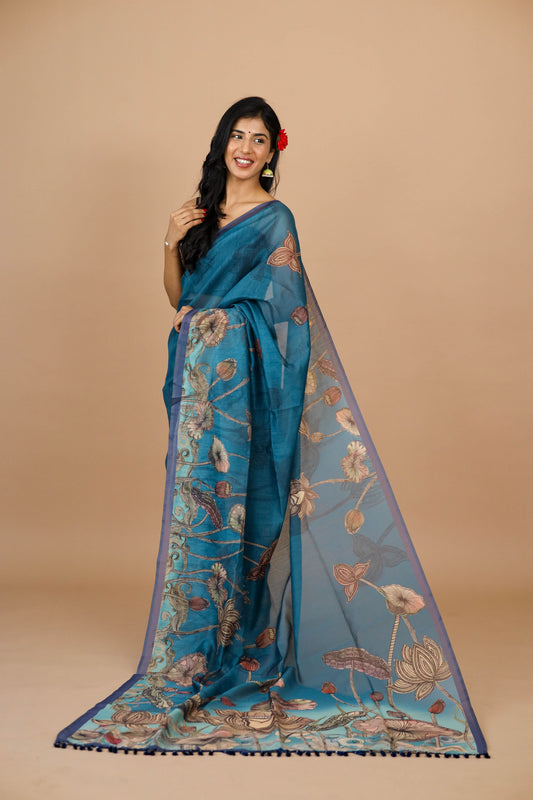Blue Lotus Pichwai Print Saree - Yuvani