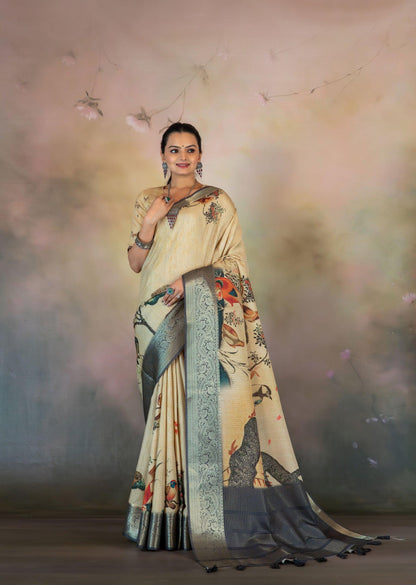Chiku Birds Print JacquardChecks Saree - Yuvani