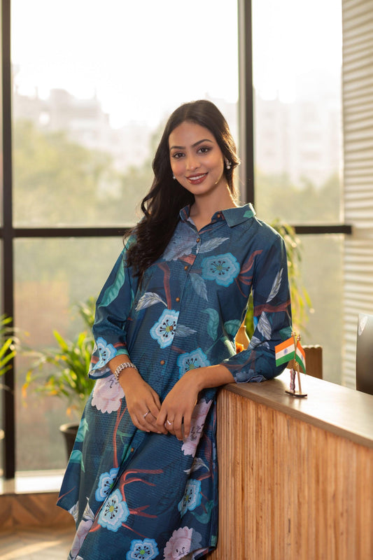 Dark Teal Long Shirt Coord Set - Yuvani