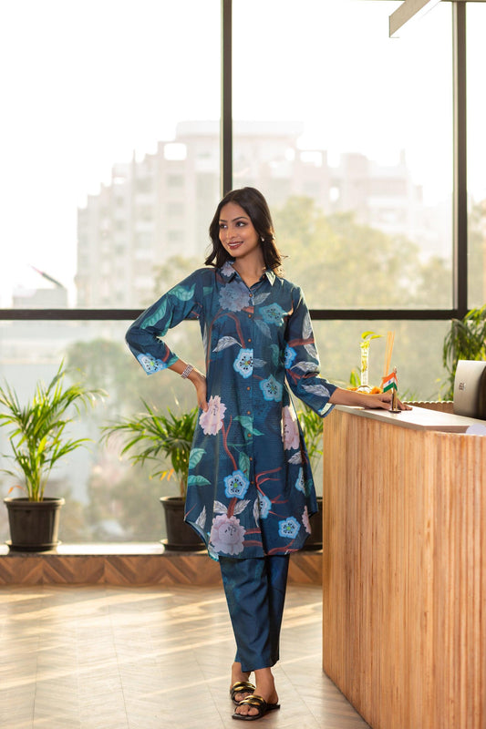 Dark Teal Long Shirt Coord Set - Yuvani