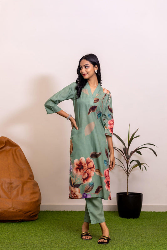 Emerald Petals Floral Kurti Set - Yuvani