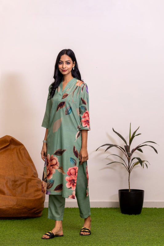 Emerald Petals Floral Kurti Set - Yuvani