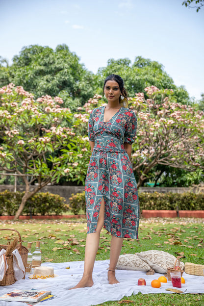 Floral Frame Red Corset Dress - Yuvani